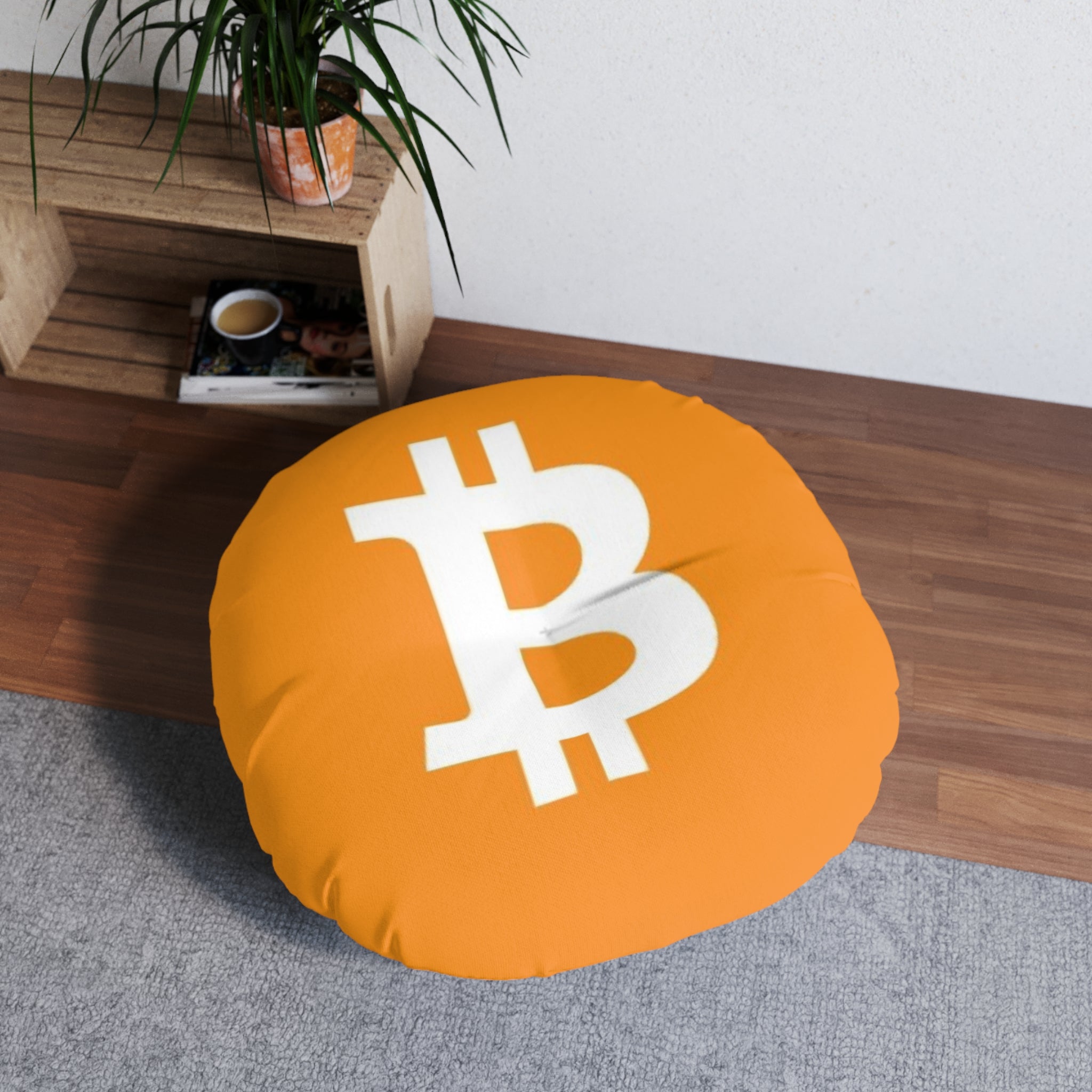 Bitcoin Logo Round Floor Pillow – Orange Crypto Accent Cushion